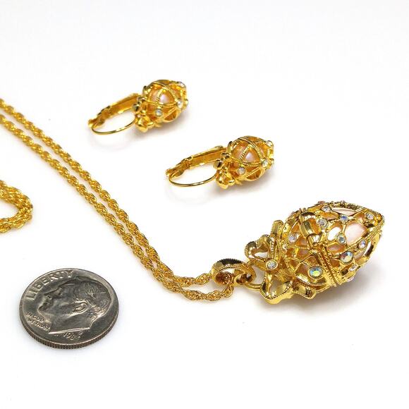 Joan Rivers Fabergé Inspired Necklace Earrings Set, Egg Pendant Earrings, 1990s - Picture 8 of 10